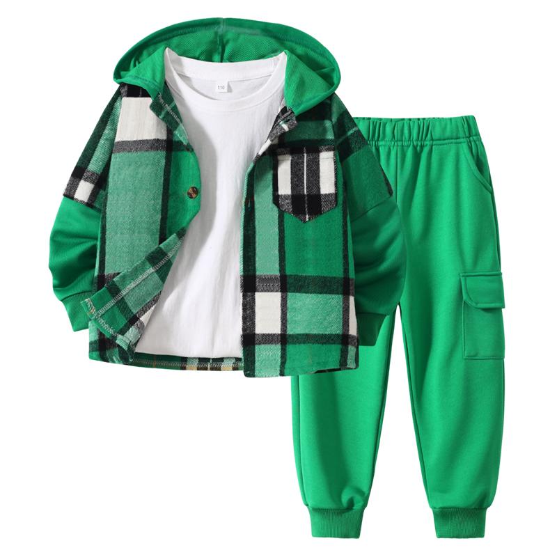 2-Piece Boys' Flannel Plaid Shirt & Pants Set with Hoodie Sweatshirt Suitable for Fall, Winter, and Spring Ages 4-12