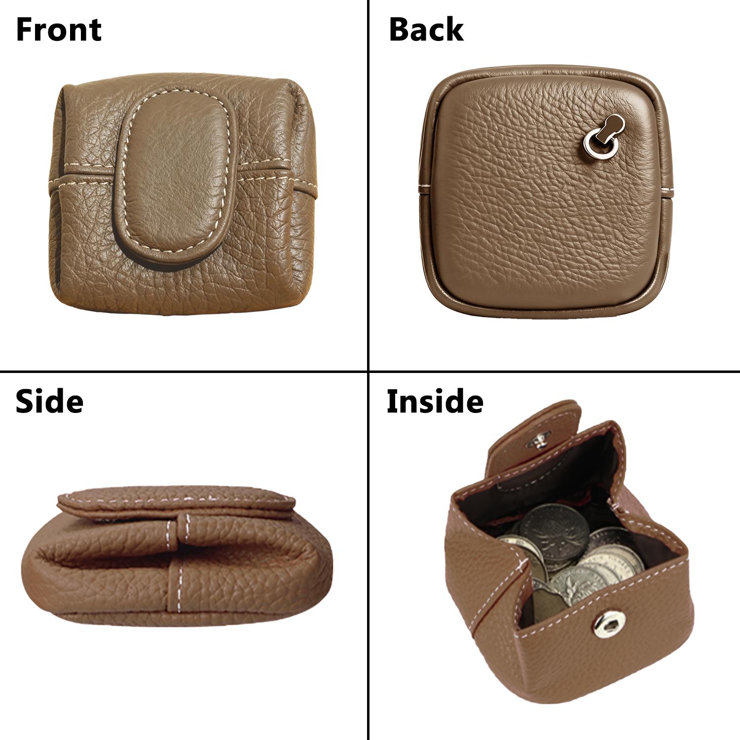 Genuine Mini Lychee Pattern Coin Purse,Solid Color Buckle Key Earphone Storage Bag,Square Snap Change Cash Holder Mini Pocket Wallet Cowhide Coin Purse Compact Headphone Earpods Case Bag Cable Organizer,Casual Change Pouch for Women Men Daily Use