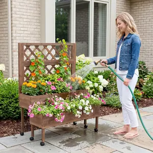 2-Tier Wooden Raised Planter Box with Trellis, Mobile Vertical Planter with Wheels and Drainage Holes, Privacy Screen for Climbing Plants, Ideal for Balcony, Patio and Urban Gardening