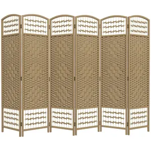 Natural Folding Room Divider 6 Panel Portable Privacy Screen with Handwoven Wave Fiber Panels for Home Office Bedroom, Wood Frame Arched Top, Semi-See Through Design, Folds to 15.5“W, No Assembly, Great for Small Apartments and Open Layouts