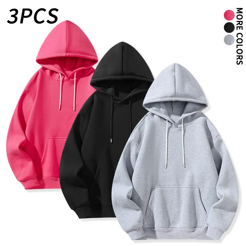 3-pcs for autumn/winter: basic color loose fleece pullover hoodies in multiple colors; soft, thick, warm hoodie with a front kangaroo pocket; unisex design—versatile for everyday casual wear; suitable for school, commuting, weekend outings, street gather