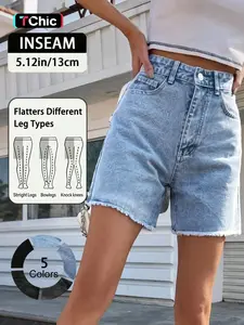 High Waist Casual Denim Cuffed Fitted Women Shorts with Raw Hem, Perfect for Everyday Wear, Fashionable and Flattering Design