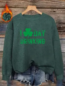 Fall & Winter Women's Fitted Crew Neck Sweater with Vintage Graphic Shamrock Print, Casual Everyday Wear for St. Patrick's Day