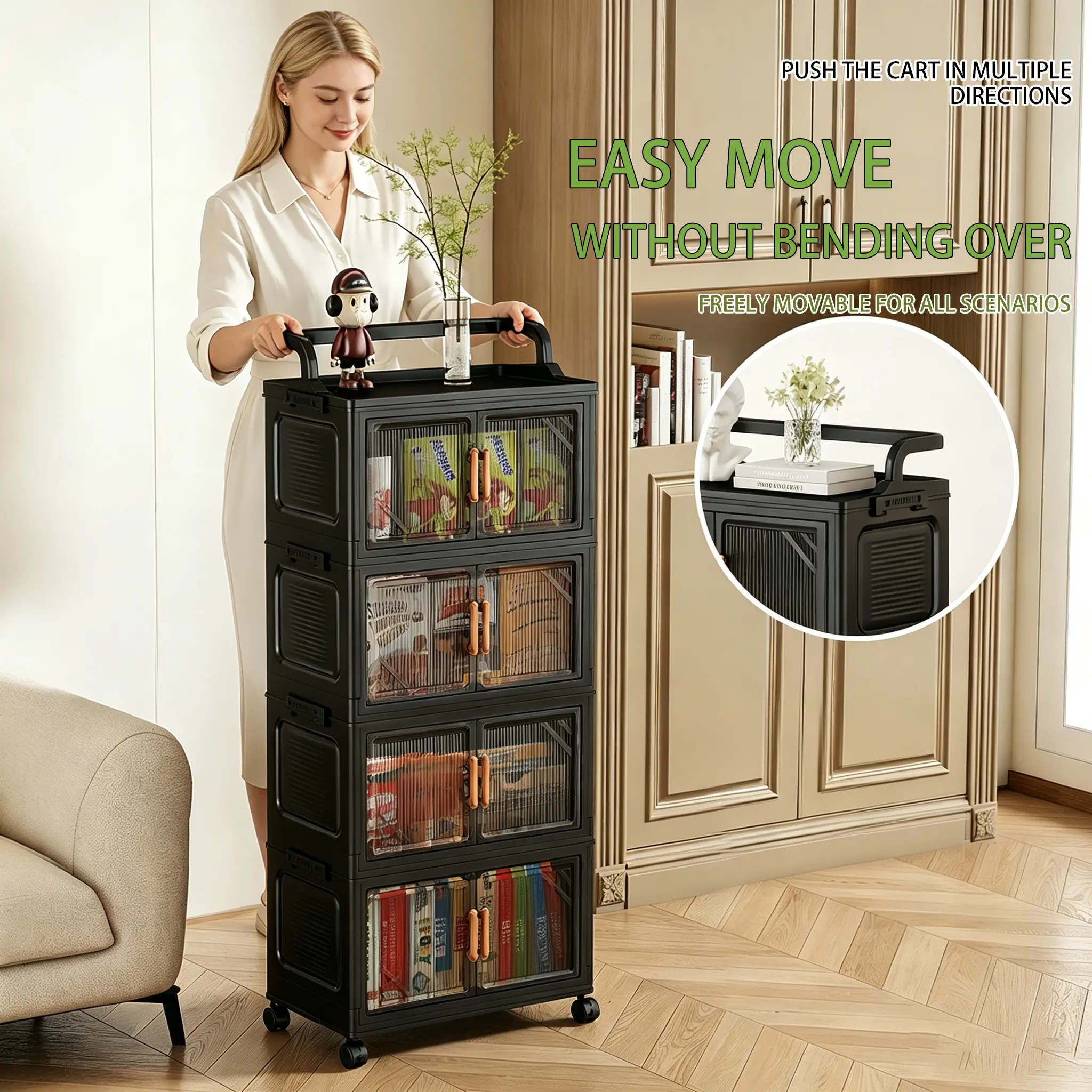 Traditional Plastic Foldable Stackable Storage Cabinet with Lid, Ergonomic Top Carry Handle, Magnetic Doors, Rolling Wheels, Lockable Portable Modular Closet Organizer, Large-Capacity Multi-Use Box for Bedroom, Kitchen