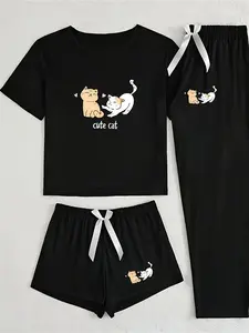 Cute Cat Three-Piece Set, Cartoon Pattern, Loose-Fitting Casual Home Wear, All-Seasons Comfortable, Ideal for Daily Use, Loungewear