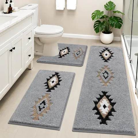 [FamilyFun] HEBE Boho 3-Piece Shaggy Bath Rugs Set - Washable, Non-Slip, Absorbent Microfiber Mats with U-Shaped Contour Toilet Rug, Anti-Shrink Aztec Calendar Artistic Decorative Carpet for Tub/Shower