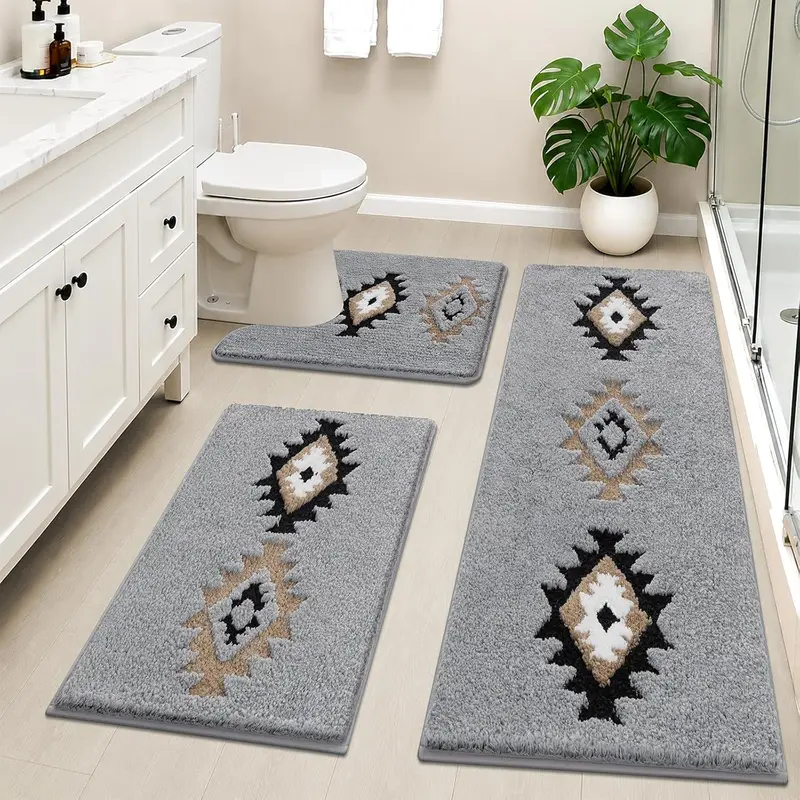 [FamilyFun] HEBE Boho 3-Piece Shaggy Bath Rugs Set - Washable, Non-Slip, Absorbent Microfiber Mats with U-Shaped Contour Toilet Rug, Anti-Shrink Aztec Calendar Artistic Decorative Carpet for Tub/Shower