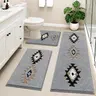 [FamilyFun] HEBE Boho 3-Piece Shaggy Bath Rugs Set - Washable, Non-Slip, Absorbent Microfiber Mats with U-Shaped Contour Toilet Rug, Anti-Shrink Aztec Calendar Artistic Decorative Carpet for Tub/Shower
