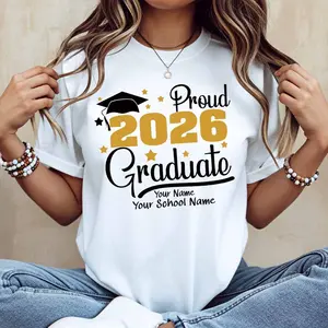 Proud 2026 Graduate Cap And Stars Print T Shirt White Crew Neck Casual Wear For Graduation Celebration
