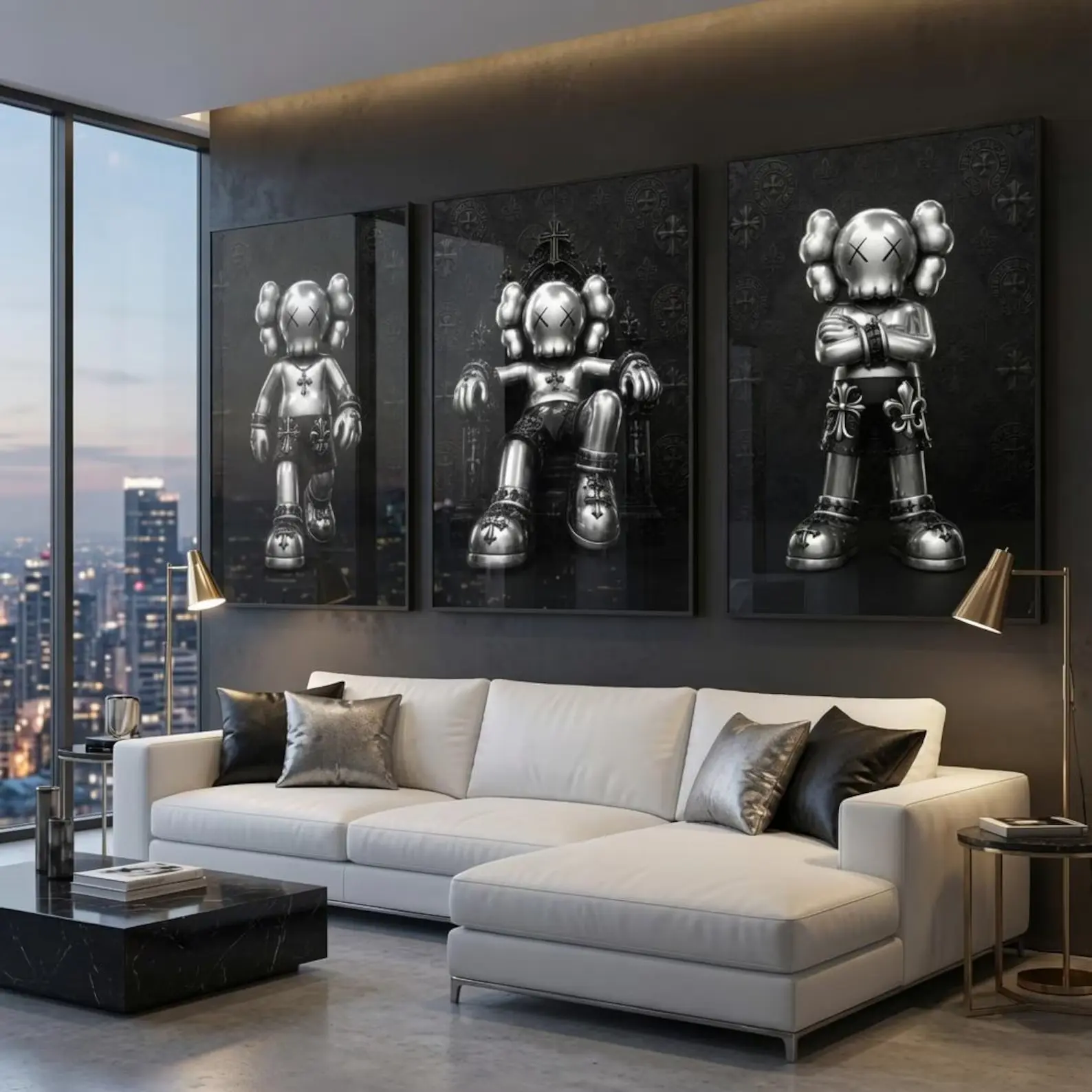 Luxury Kaws-Chrome Hearts Hypebeast Wall Art Poster Set (3 Pcs) - Black and Silver Figure Prints for Room Decor