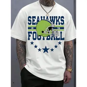 180g[100%cotton]Seahawks Football T Shirt White Green Helmet And Stars Design For Sports Fans And Casual Wear, 220gCasual Short-Sleeve T-Shirts For Men And Women