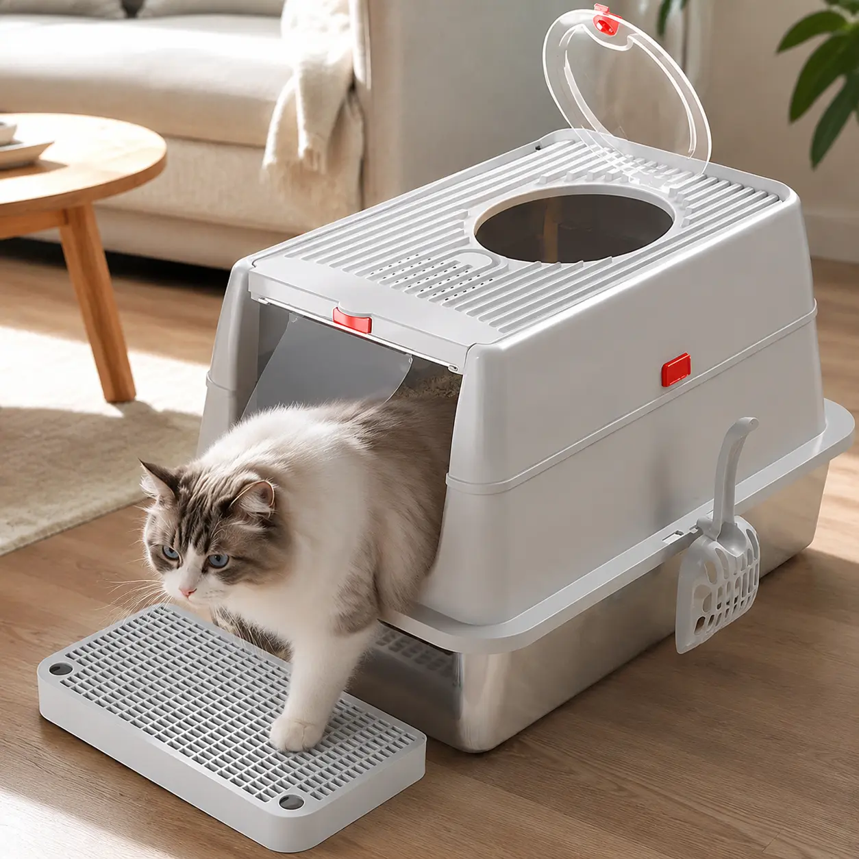 XL 2-in-1 Convertible Stainless Steel Enclosed Cat Litter Box, Food-Grade Scratch-Resistant with Odor Control, Carrying Strap, Soft Door Curtain, 3 Adjustable Heights for Kittens & Senior Cats dream