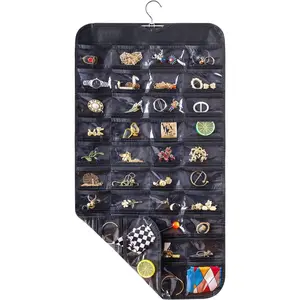 Hanging Jewelry Organizer and Storage for Closet With 80 Pockets, Earring Organizer Hanging Holder Storage for Women Gift, Jewelry Organizer for Closet, Wall, Door-Black