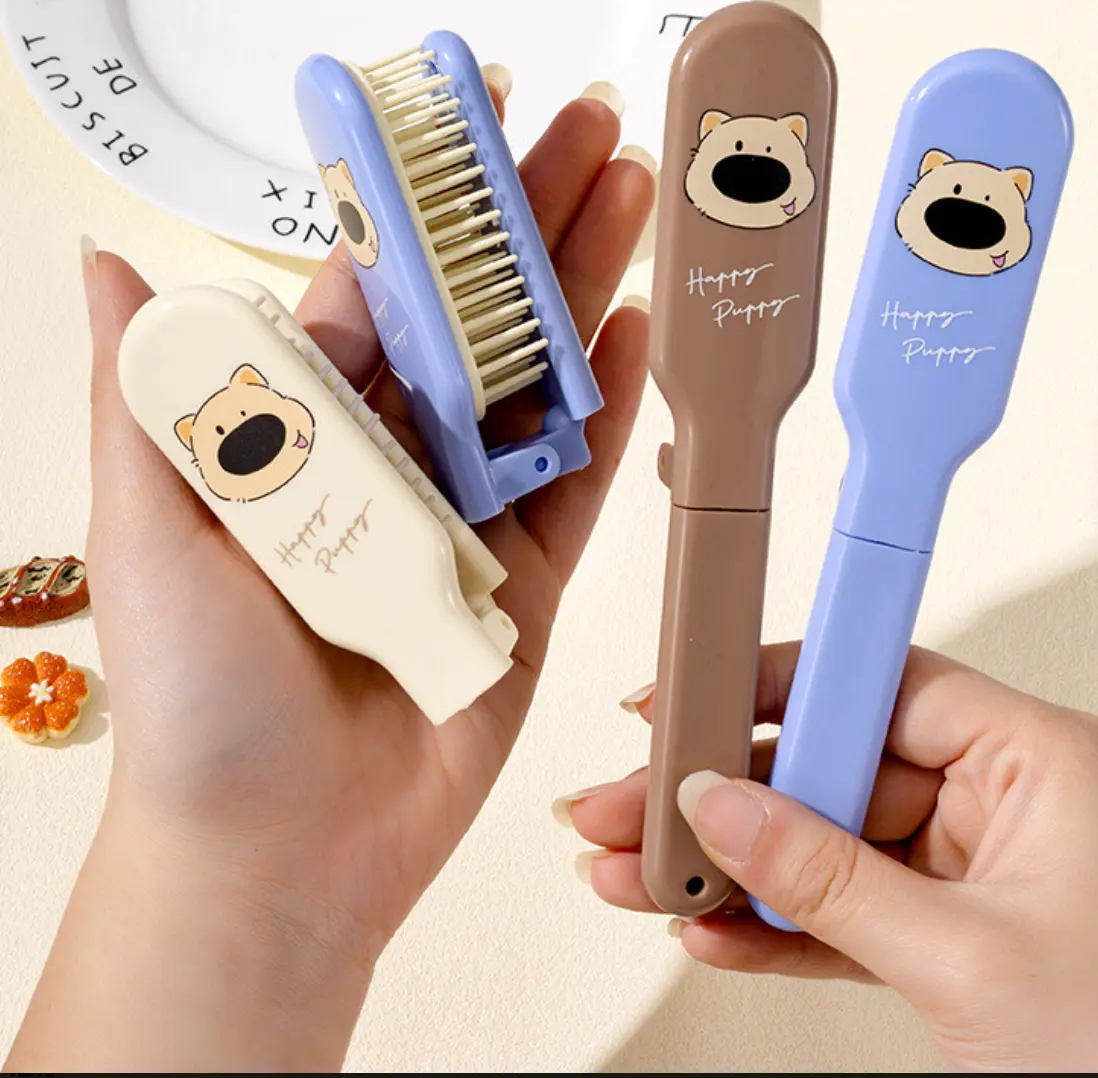 Cute Folding Travel Hairbrush for Kids - Portable Mini Pocket Hair Brush with Mirror & Cartoon Design (Wet & Dry Hair)