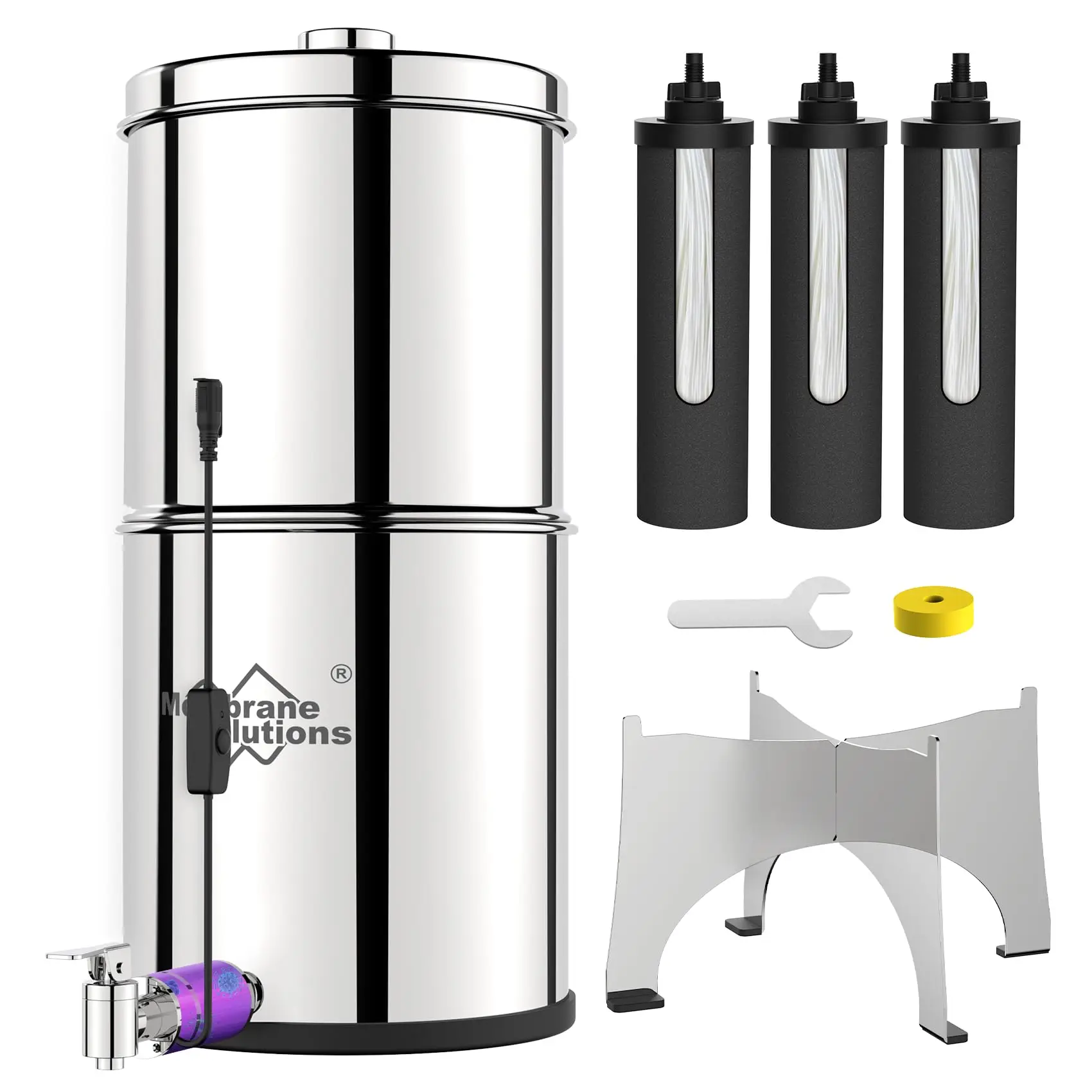 Membrane Solutions Stainless Steel 2.25G Gravity Water Filter with 3 Pack 0.1-Micron UF Filters & UV Sanitization for Countertop Use