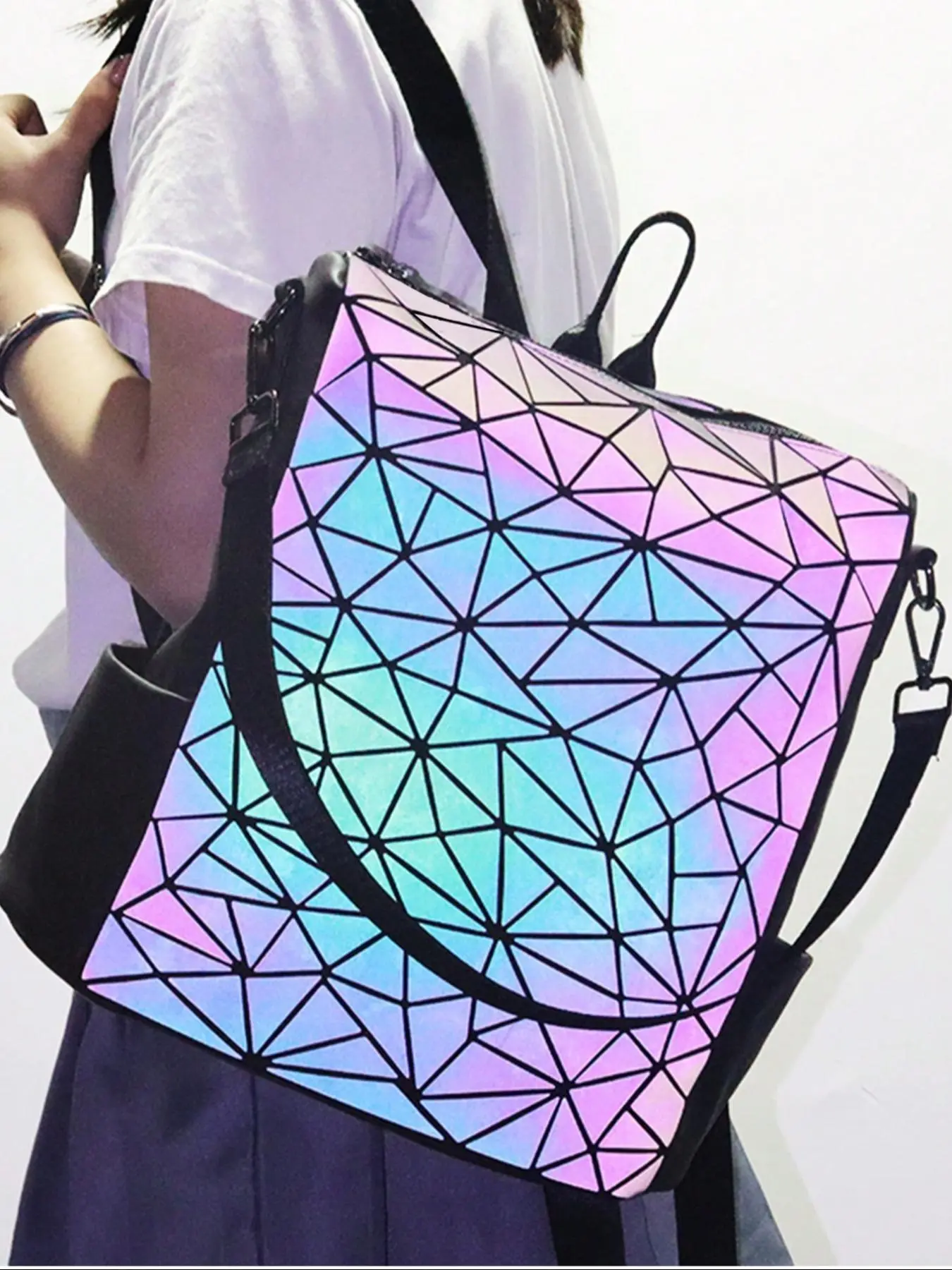 Geometric Rhombus Pattern Backpack, Fashionable Luminous Backpack with Detachable Shoulder Strap, Casual Travel Versatile Zipper Backpack for Women & Girls, Stylish Daypack