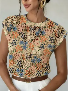 Elegant Women's Vintage Farmhouse Floral Print Round Neck Sweater, Spring Summer Casual Sleeveless Knitwear, Breathable Daily Wear