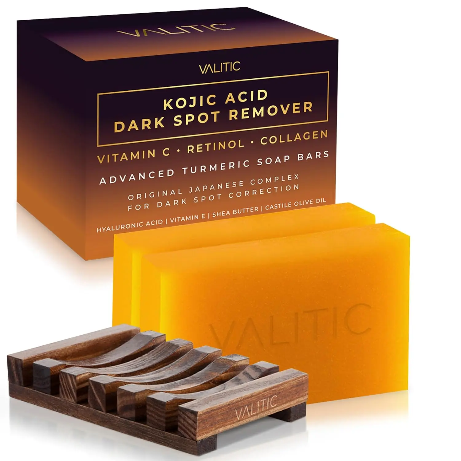 VALITIC Kojic Acid Dark Spot Remover Soap Bars - Original Japanese Complex Body Care Cleanser with Vitamin C, Retinol, Collagen, Turmeric, Hyaluronic Acid, Vitamin E, Shea Butter, Olive Oil - Skin Repair for Face & Body All Skin (2 Pack with Soap Holder),