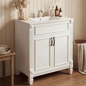 30" Bathroom Vanity with Sink, Farmhouse Freestanding Vanity Cabinet with 2 Cabinets and 2 Shelves, White Ceramic Sink with Overflow, Soft-Close Doors, No Mirror Faucet