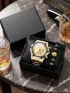 2-Piece New Concept Men's Premium Calendar Non-Mechanical Steel Band Watch Set, Quartz Analog Wristwatch