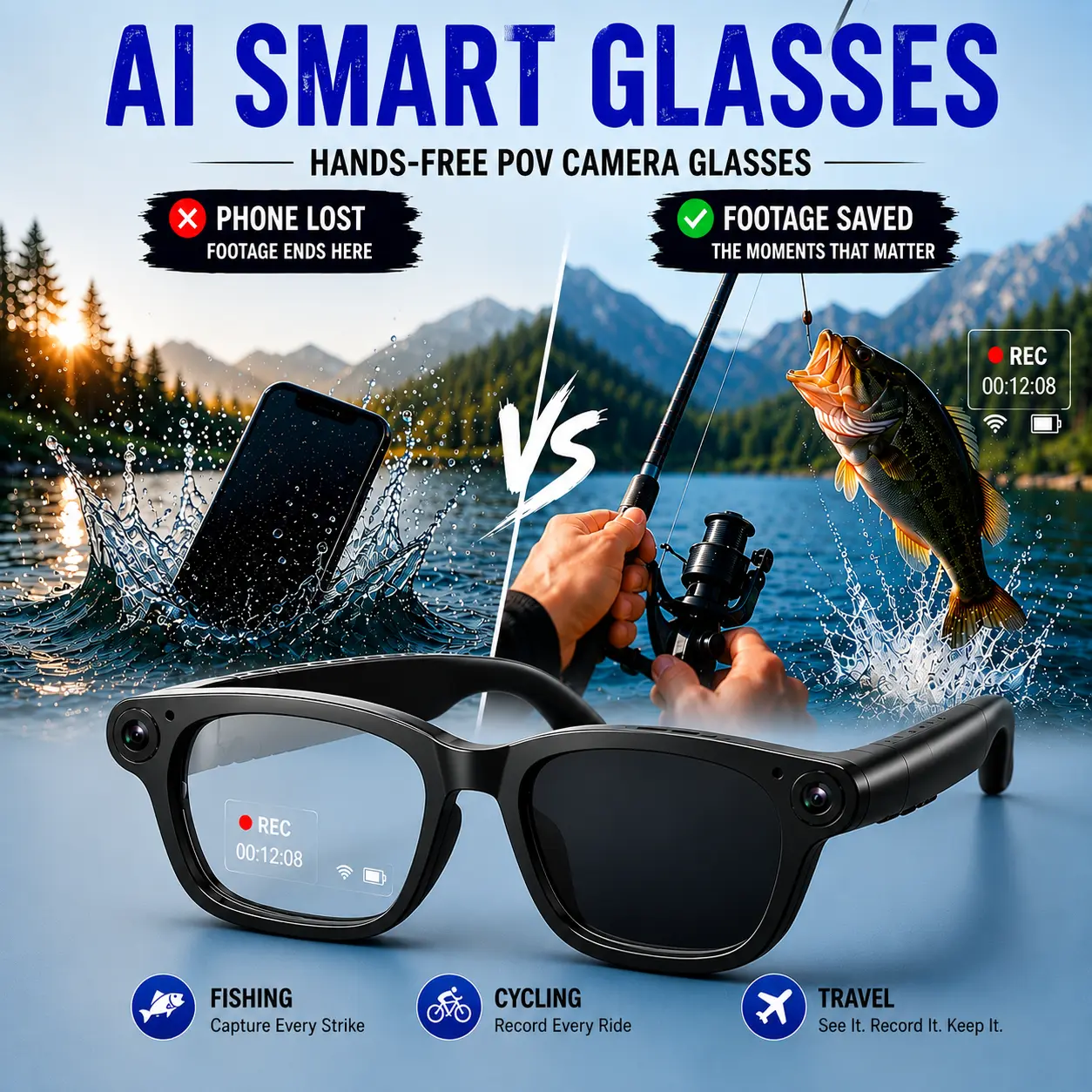 AI Smart Camera Glasses, 1200P POV Video Recording, 8MP Camera, AI Assistant, AI Translation, Bluetooth Audio & Calling, Open-Ear Smart Glasses, Photochromic Lenses, Music Player, Wearable Tech Gift