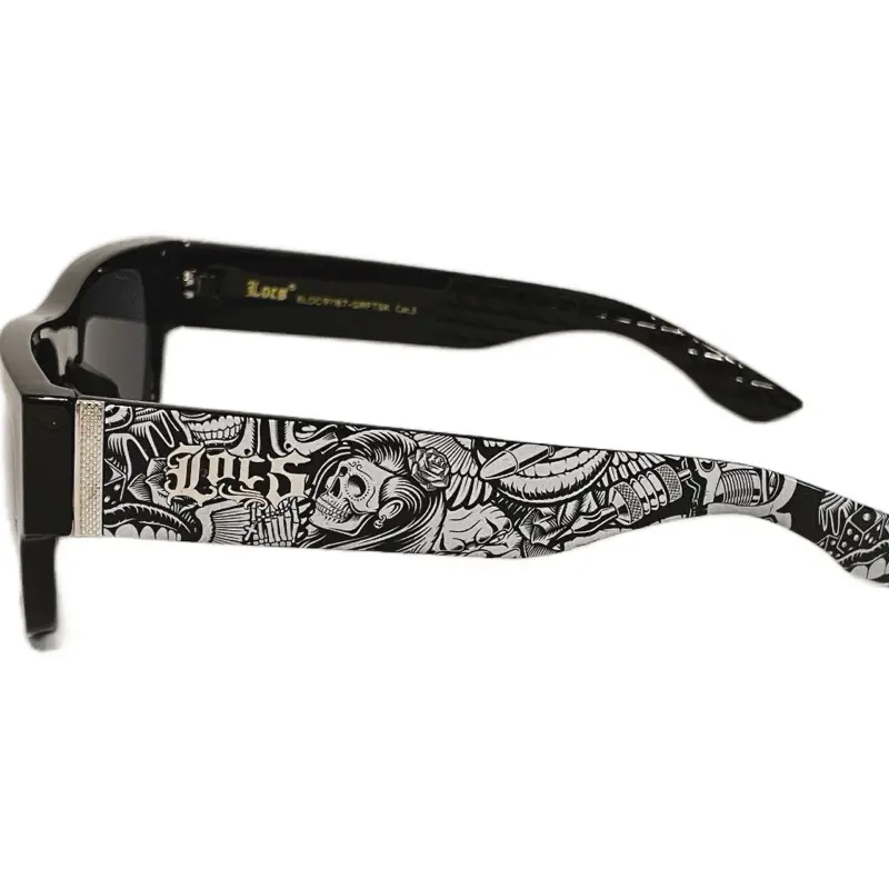 Hard-core Locs Sunglasses with Tattoo Art on Sides, Black Frame