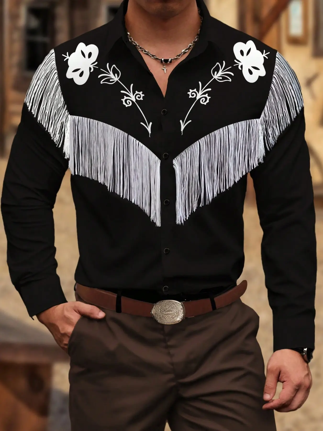 Western Cultural Print Fringe Detail Long Sleeve Shirt, Collared Shirts, Casual Button Front, Casual Party Wear, Fitted Design, Plain Pattern, Tribal Patterns, All Seasons, Versatile Style, Tribal Prints