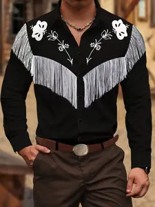 Western Cultural Print Fringe Detail Long Sleeve Shirt, Casual Party Wear, Fitted Design, Plain Pattern, Tribal Patterns, All Seasons, Versatile Style, Tribal Prints