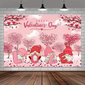 Valentines Day Backdrop Pink Valentine Gnome and Balloon Photograph Backdrop, Happy Valentines Day Banner Decoration Love Valentines Backdrops for Photography
