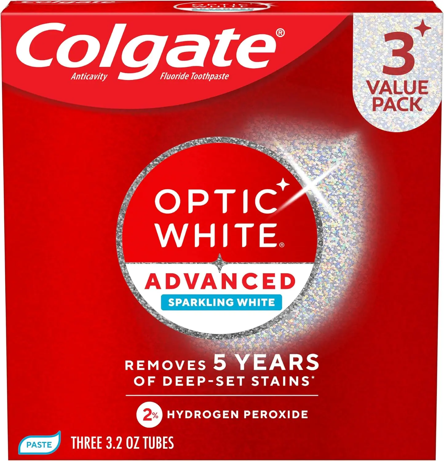 Optic White Advanced Hydrogen Peroxide Toothpaste, 3 Pack, 3.2 oz | Sparkling White, Teeth Whitening Toothpaste, Removes 5 Years of Deep-Set Coffee, Tea, and Wine Stains, Enamel Safe Formula