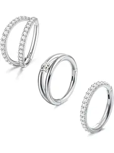 3 Pcs Silvery Sparkling Piercing Jewelry Set 316F Surgical Steel Septum Clicker Nose Rings, Nose Hoop for Women Men Double Open Stack Conch Daith Piercing Sleeper Earring Helix Cartilage Earrings Labe Nose Piercing