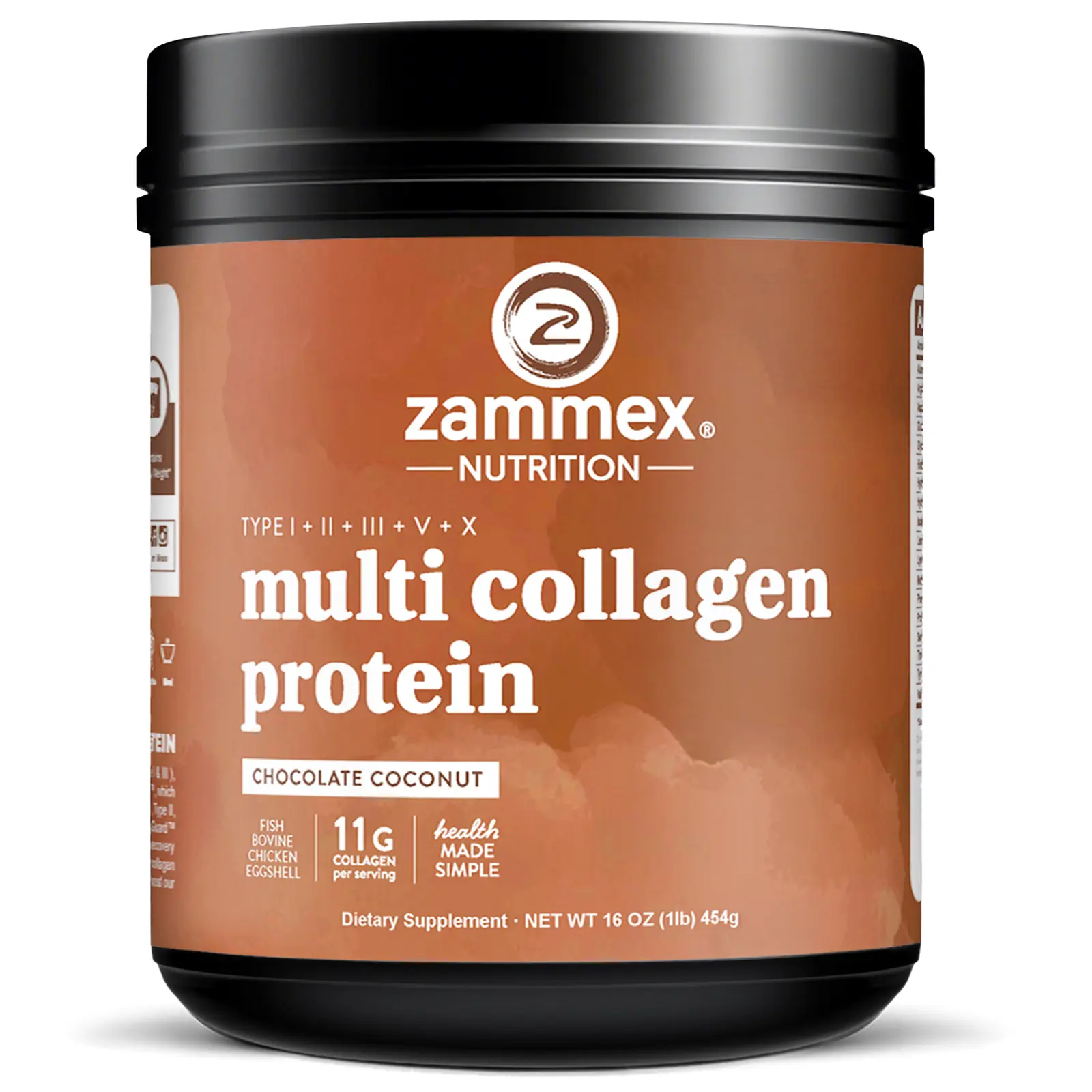 Zammex Multi Collagen Protein Powder (1lb, Chocolate Coconut Flavor) - Clean, Sugar-Free, Gluten-Free Collagen Formula Peptides for Women's Skin, Hair, Nails Support & Fitness Supplement