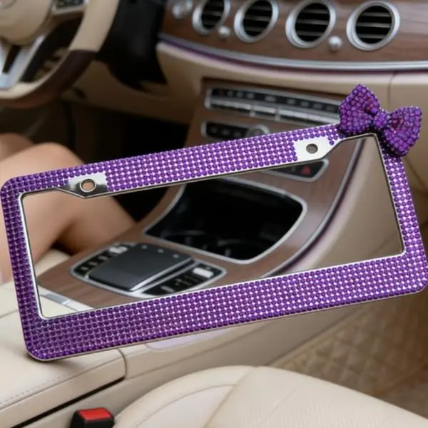 Women's Rhinestone Bow Car License Plate Frame - 1 Pc Durable Stainless Steel Multi-Color Auto Accessory, Girly Car Accessories, License Plate Cover, Affordable Stylish Vehicle Exterior Essential, Accessories For Car