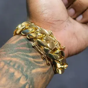 22mm Width Super Heavy Stainless Steel +Brass Hip Hop Cuban Link Miami Chain bracelet Bangle Mens Jewelry For Goft