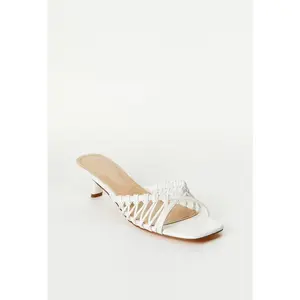 JUST FAB Women’s Square Toe 1.5" Kitten Heel Slides Summer Elegant Slip‑On Sandals Trendy Braided Strap Low Heel Evening Slip‑On Shoes