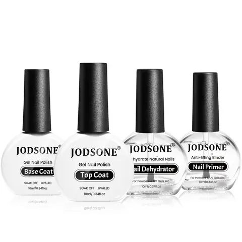 JODSONE 4-Piece 10ML Transparent Nail Care Basics Bottle Kit - Primer, Base Coat, Glossy Top Coat, Gel Polish for Gel X Manicure, Quick Dry, Long-Lasting Brilliance, Formaldehyde Free, DIY Nails at Home Gift for Girls