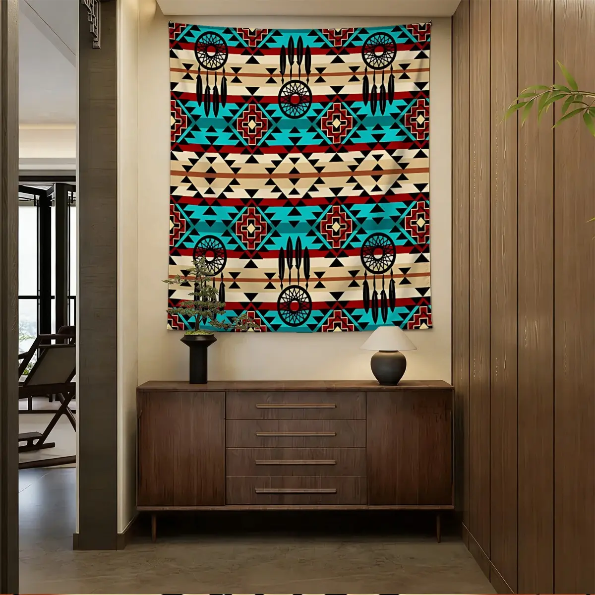 [Digitally Printed Tapestry] Vibrant Geometric Wall Tapestry, Digital Print Decor, Southwestern Art Inspired Wall Hanging, Cozy Living Room or Bedroom, Featuring Dreamcatcher Motifs in Turquoise and Red, Soft Polyester Fabric, Adds Warmth and Style!