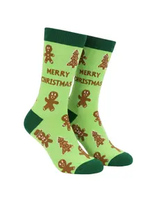 Women's Gingerbread Cookie Christmas Socks Novelty All-Over Print Green Crew