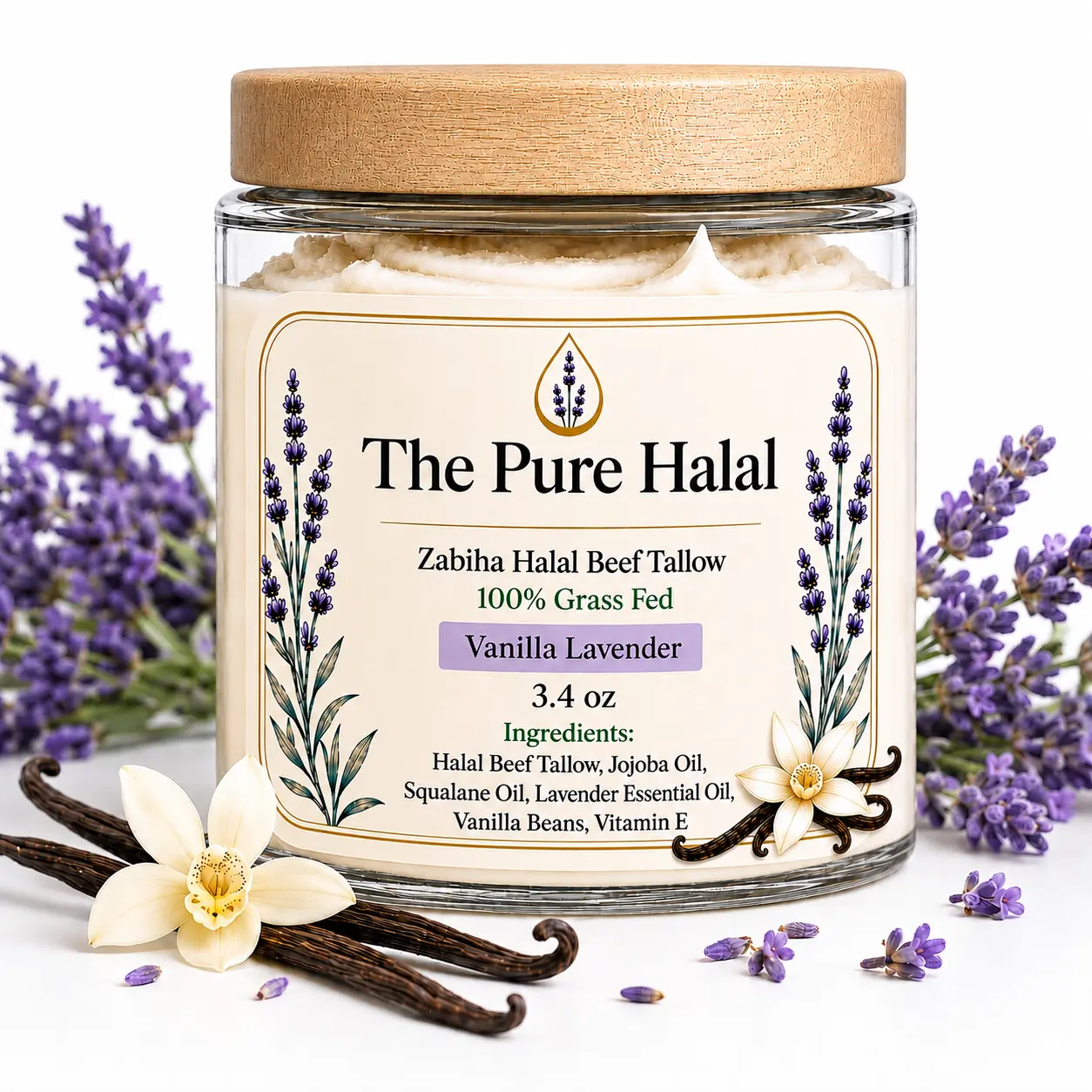 Halal Beef Tallow Balm, 3.4 Oz, Vanilla Lavender, 100% Grass Fed, Zabiha Halal - HMS Certified Beef Fat- With Jojoba Oil, Squalane, Vitamin E, 3.5 Oz