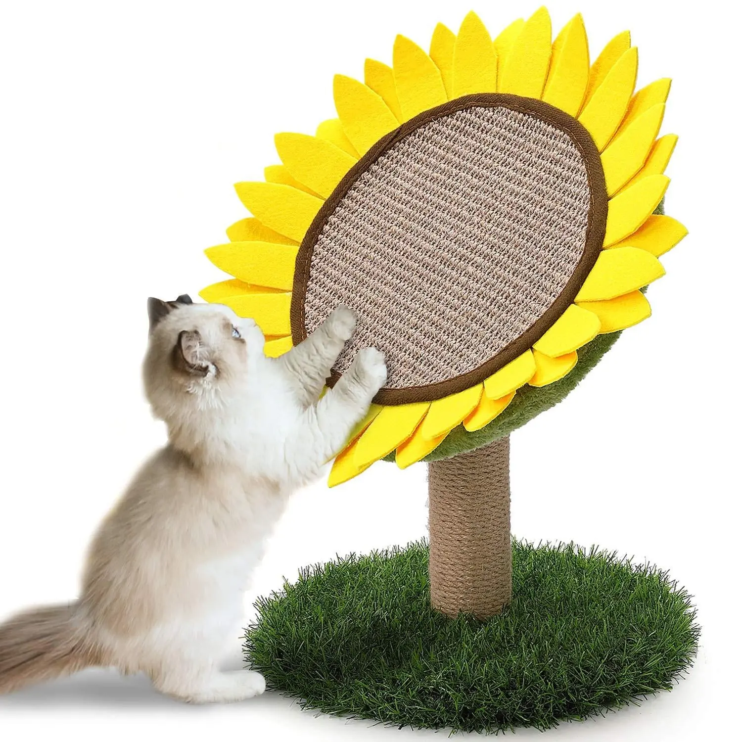 Barkable Sunflower Scratching Post - Sisal Rope Scratch Surface, Grass Base