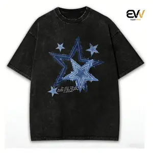 washed cotton Summer Street Style Denim Short Sleeve T-Shirt, Casual Fitted Design with Star Patchwork Print, Aesthetic Fall & Winter Fashion Streetwear