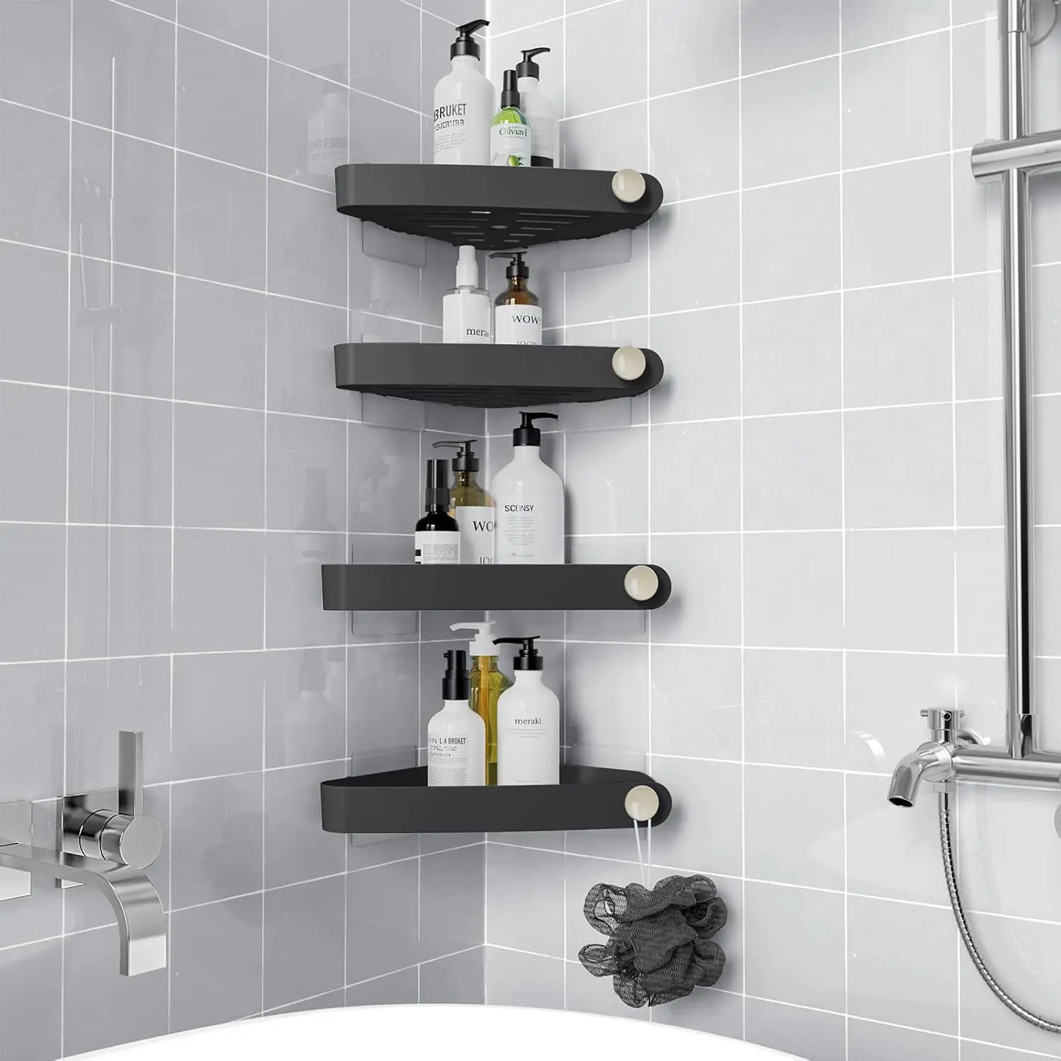 Shower  Corner, 4 Pack Adhesive Corner Shower Shelves for Bathroom Organizers and Storage, Rust Free Plastic Rack for Bathroom Accessories & Decor, Black