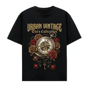 Men's Urban Vintage Tito's Collectibles Black Cotton Graphic T-Shirt, Mechanical Pocket Watch with Roman Numerals & Gears Print, Red & Gold Roses with Thorns, Gothic Text Key Design, Mexican Streetwear Top, Long Sleeve Hoodie Sweatshirt