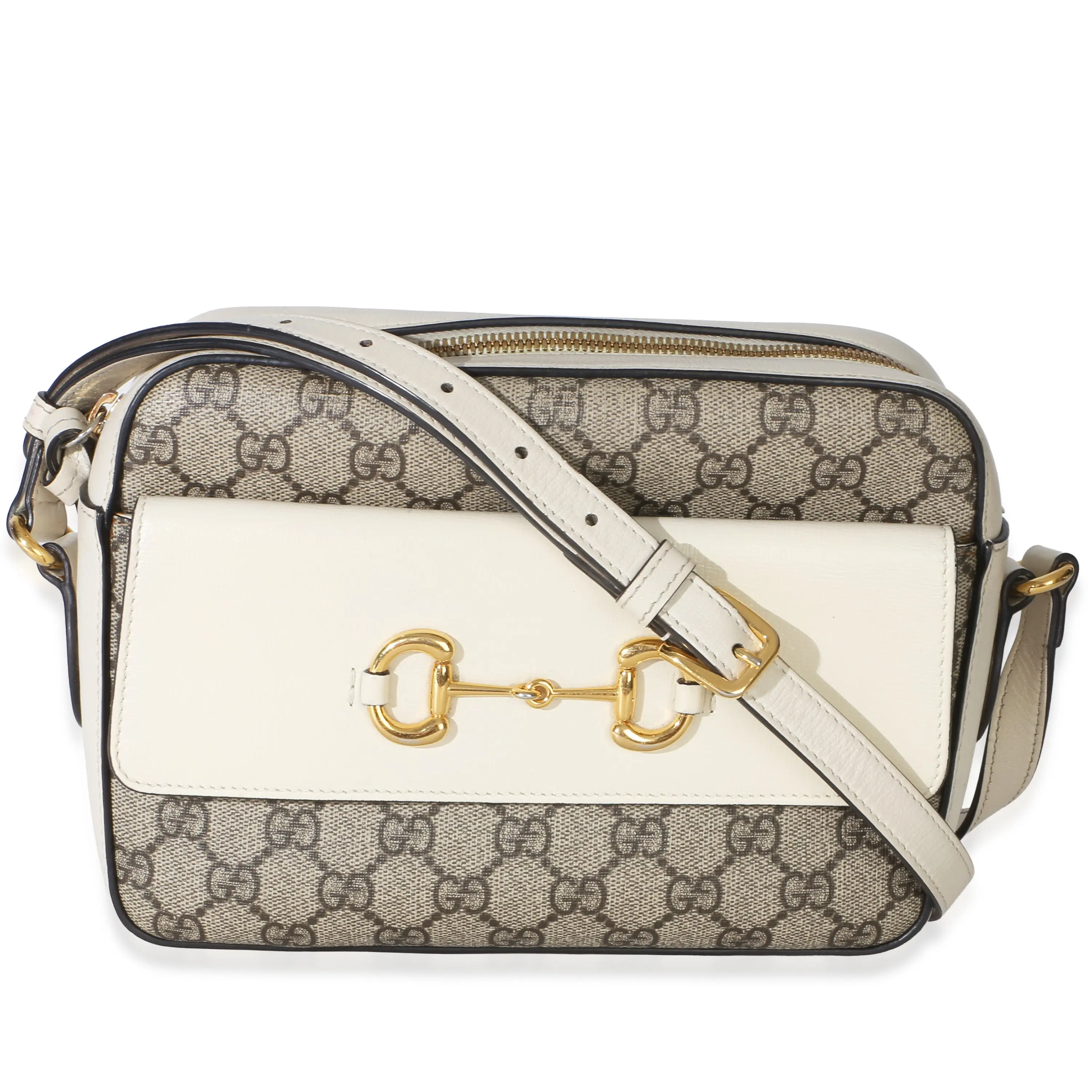 Pre-owned Leather Shoulder bags White GG Supreme Canvas Small 1955 Horsebit Shoulder Bag