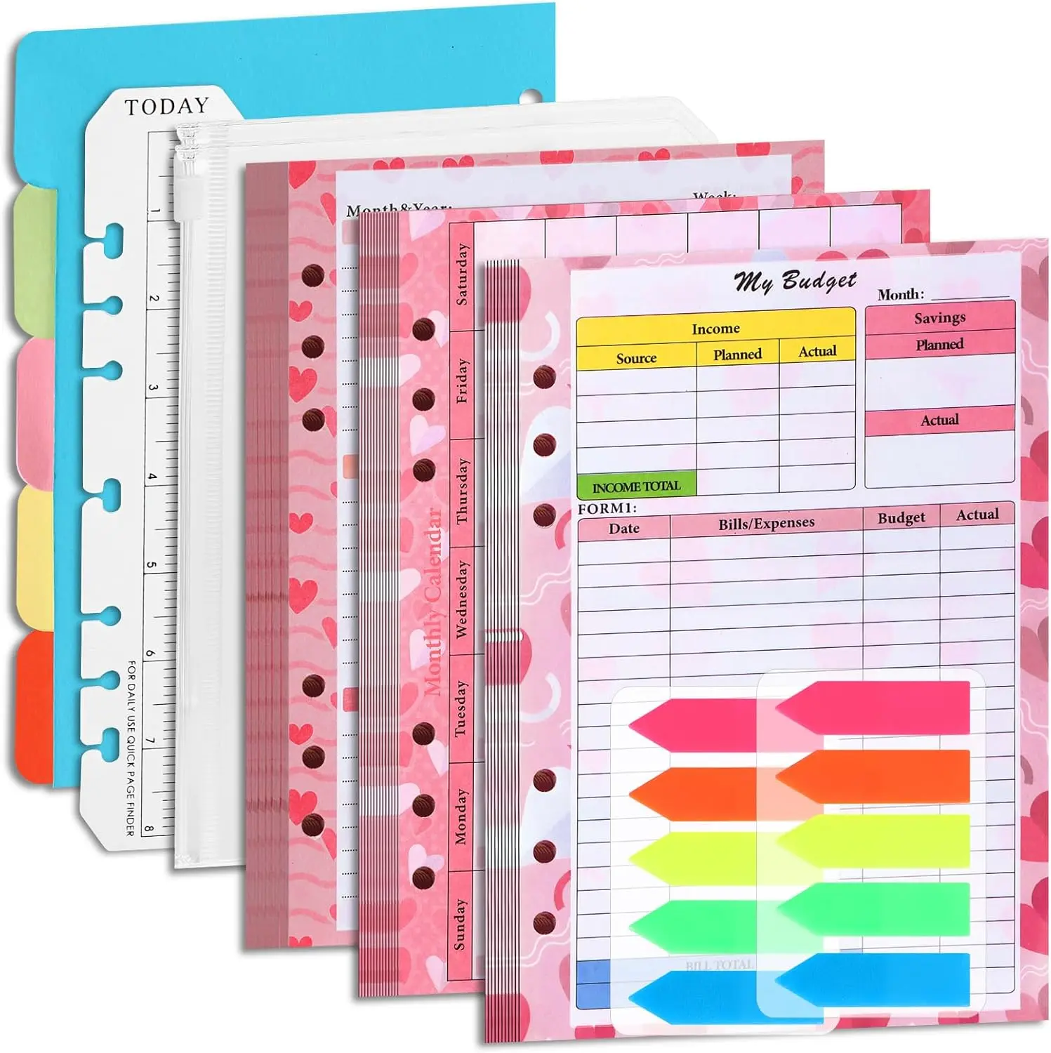 7 Pack A5 Planner Inserts Monthly Weekly Planner Refills Paper 6 Ring Expense Budget Sheets with  Envelopes Divider Ruler Stickers, for A5 Planner Binder Cover,  Heart
