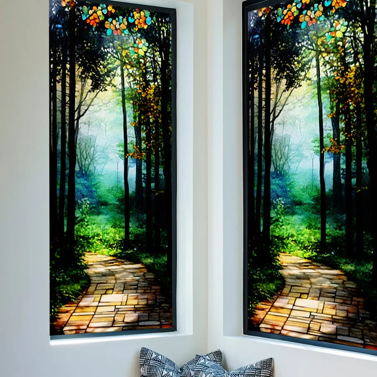 Creative 2D Forest Path Static Cling Sticker, Dual-Sided Visible Decorative Window Film, Realistic Forest Design, Easy Application