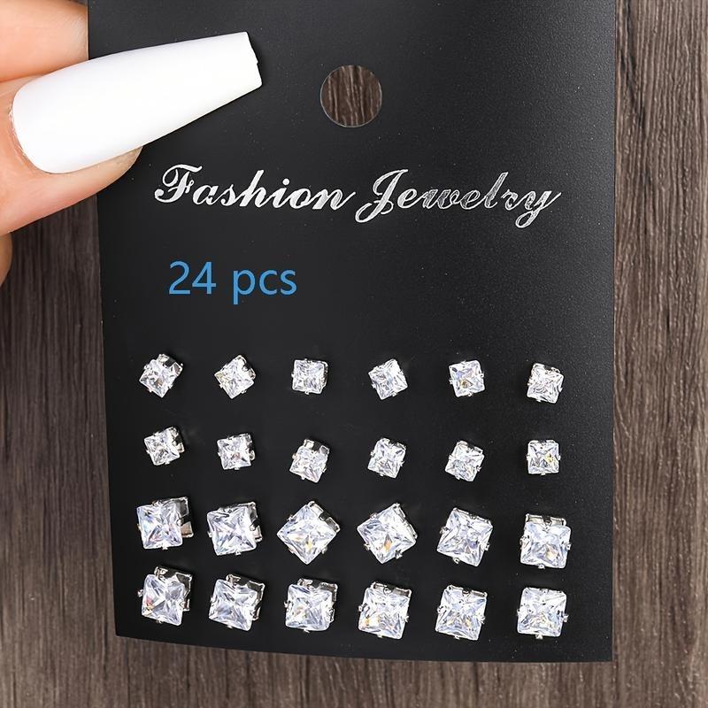 24 Pairs Exquisite Shiny Round Square Shaped Stud Earrings Sparkling Artificial Crystal Inlaid Earrings Set Party Wedding Engagement Anniversary Jewelry Set