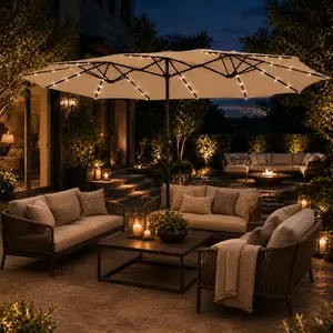 【Solar Led Lights】Yaheetech 13/15ft Large Patio Umbrella , Outdoor Double-Sided Rectangle Umbrella with 36 LED Lights & Crank for Patio Garden Pool Lawn Backyard, Base Included