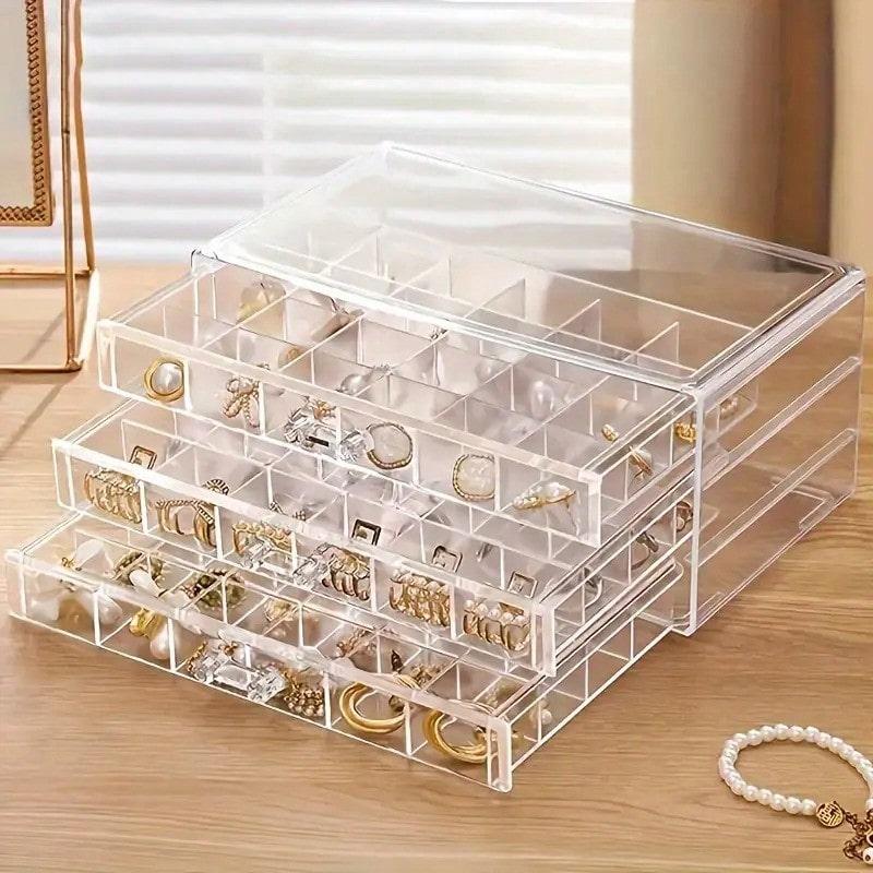 TAIMASI 1pc Large-Capacity 3-Layer 72-Grid Ring Earrings Necklace Jewelry Storage Box With Buckle Closure And Classic Style - Spacious, Durable, And Easy-To-Use Plastic Organizer For Your Valuables Back To School Dormitory Storage