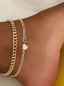 2-Piece Fashion Minimalist Cuban Chain Ankle Bracelet Set Anklets, Stainless Steel Zircon Footchain for Women, Jewelry Accessories, Trendy Jewelry, Perfect for Parties and Gifts